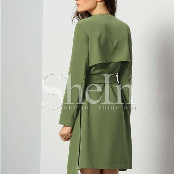 Army Green Long Sleeve Pockets Trench Coat - Picture 2 of 12